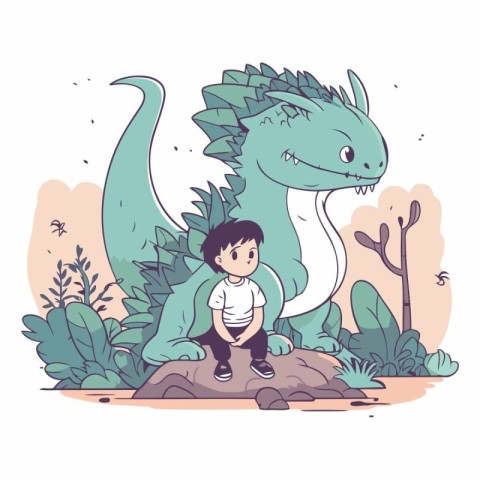 Cute little boy with dinosaur in cartoon style.