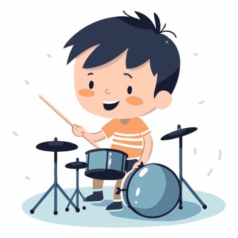 Cute little boy playing drums in cartoon style.