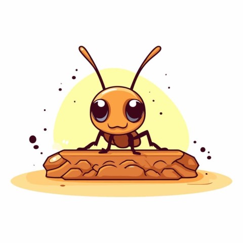 Cute cartoon ant sitting on a piece of bread.