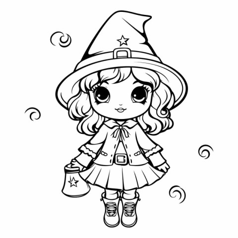 Cute little witch girl for coloring book or page.