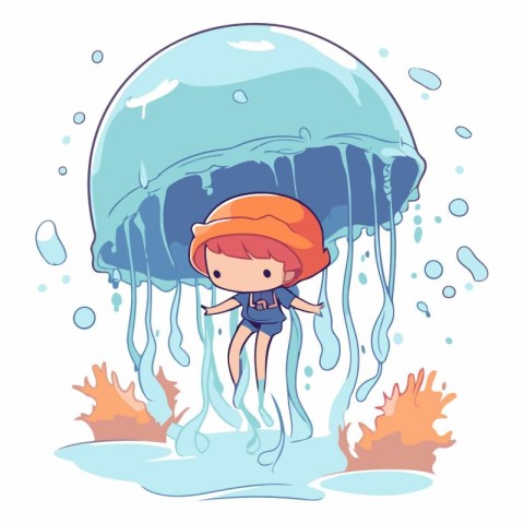 Cartoon little girl swimming in a jellyfish.