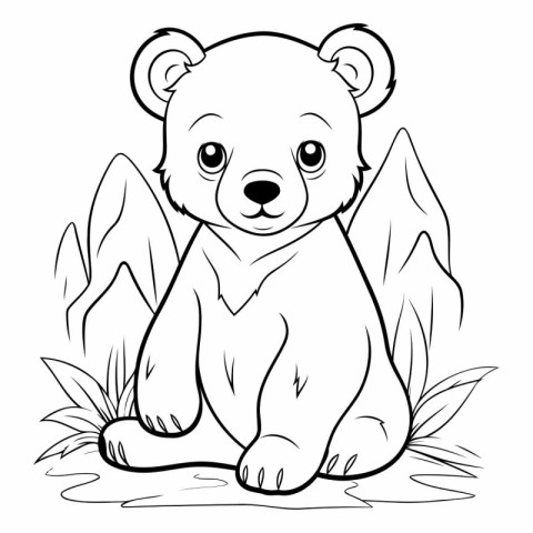 Coloring book for children: cute bear sitting on the grass.