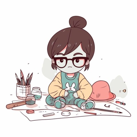 Illustration of a cute little girl painting with a brush and pai