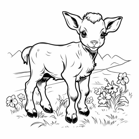 Vector image of a little calf on the meadow with flowers.