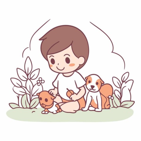 Cute little boy playing with his dogs in the garden.