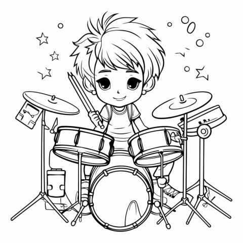 Cute little boy playing drums. Vector outline illustration for c