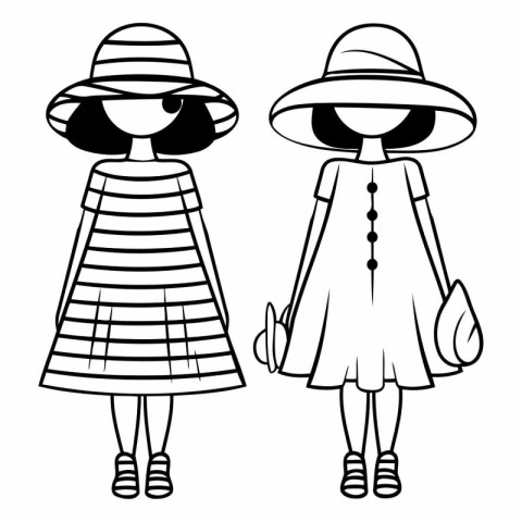 Fashionable girls in hats in outline style.