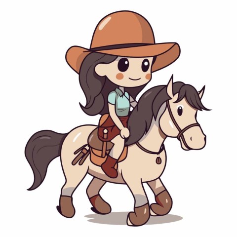 Illustration of a Little Girl Wearing a Cowboy Hat and Riding a