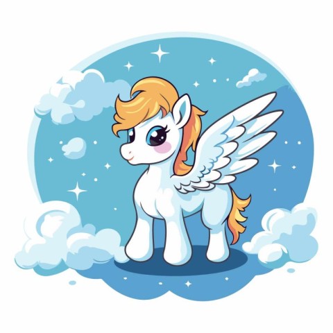 Cute cartoon unicorn with wings on the clouds.