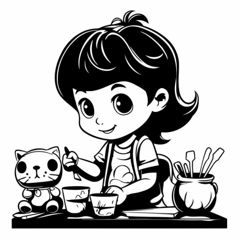 Cute little girl playing with cat and drinking tea. black and wh