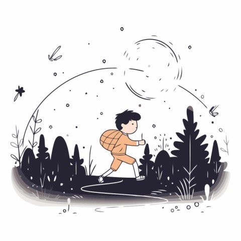 Little boy playing at night in the forest. Vector hand drawn ill