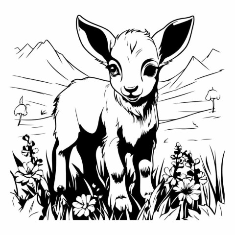 Vector image of a little goat on a meadow with flowers.