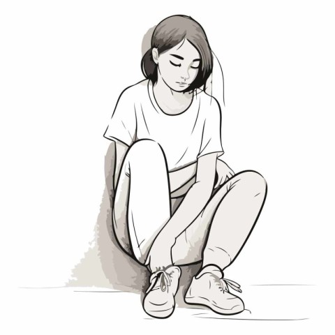 sad young woman sitting on the floor. sketch