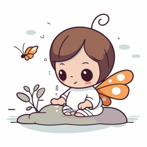 Cute little boy sitting on rock with butterfly.