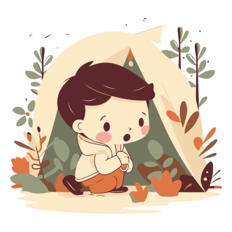 Cute little boy sitting in a teepee.