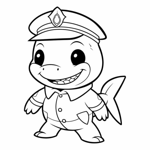 Black and White Cartoon Illustration of Cute Baby Shark Sailor C