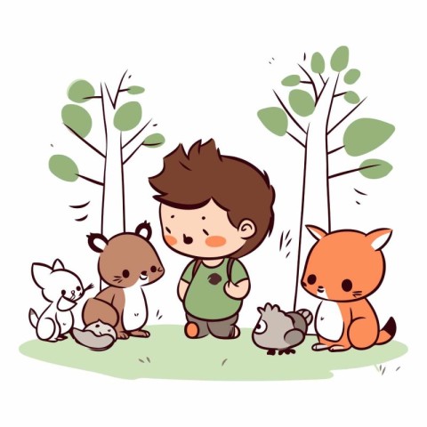 Cute little boy and cute animals in the forest