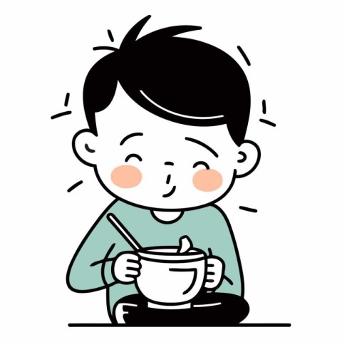 Cute cartoon boy playing with a cup of soup.