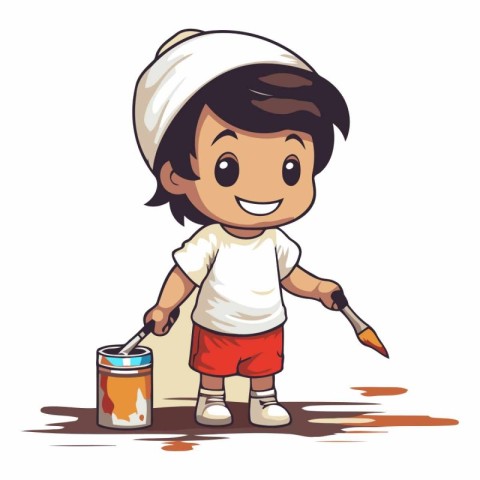 Illustration of a Cute Little Boy Painting with a Paintbrush