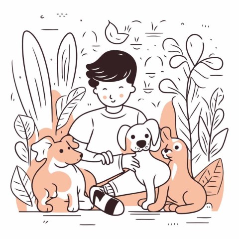 Cute little boy playing with dogs in the park