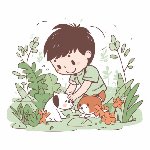 Little boy playing with dog in the garden. Cute vector illustrat