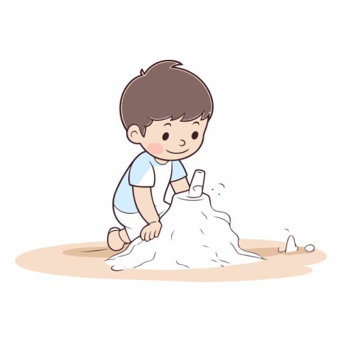 Cute little boy playing with sand on white background.