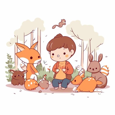 Cute little boy and animals in the forest.