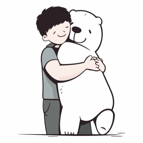 Little boy hugging a big white polar bear. Hand drawn vector ill