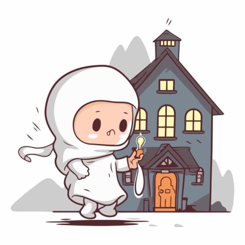 Cute little girl in costume of astronaut and house.