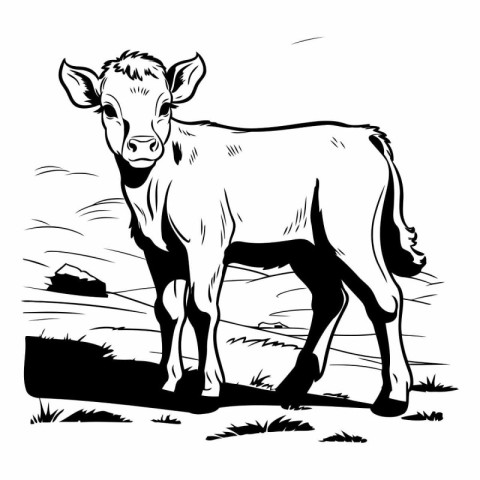 Cow standing on a meadow. Black and white vector illustration.