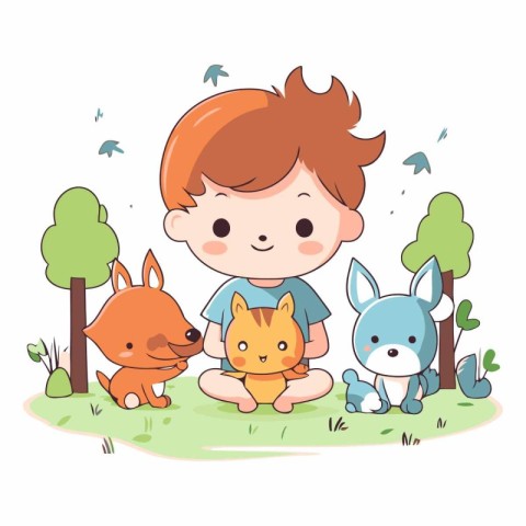 Cute little boy playing with animals in the park