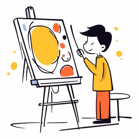 Young man painting a picture on easel. Vector cartoon illustrati