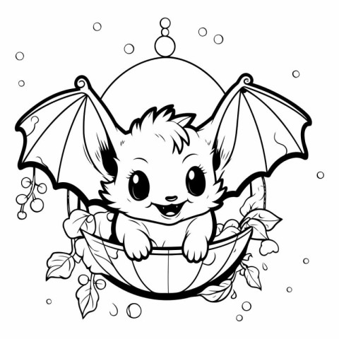 Black and White Cartoon Illustration of Cute Little Bat Animal C