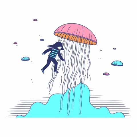 Vector hand drawn illustration of a girl diving into a jellyfish