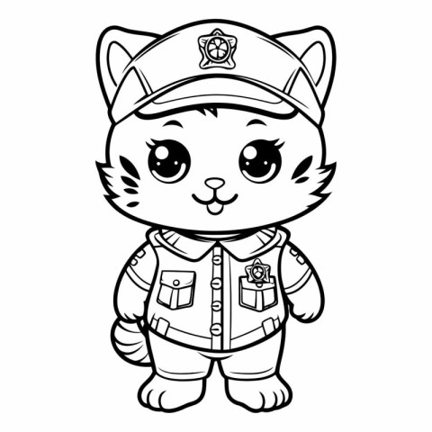 Coloring Page Outline of Cute Cartoon Cat Police Officer Charact