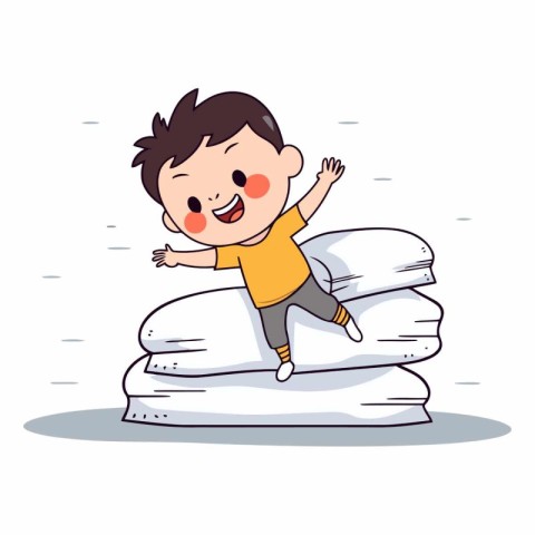 Cute little boy playing with a pile of pillows.