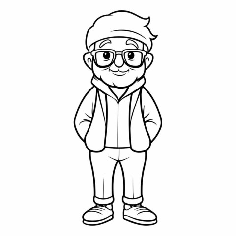 Outline illustration of a cartoon man wearing a cap and glasses.