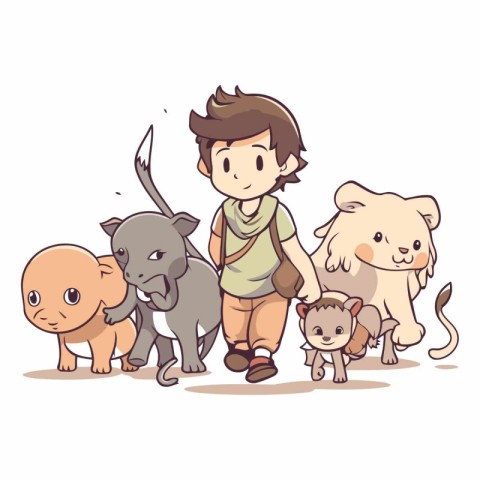 Boy with a group of dogs in cartoon style.