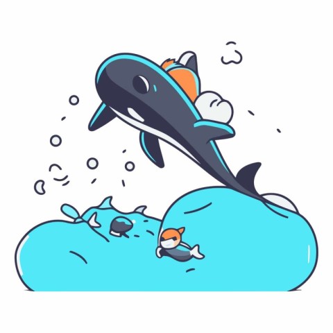 Vector illustration of a cute cartoon whale jumping out of the o