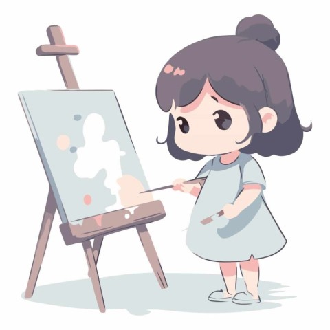 Illustration of a Cute Little Girl Painting on an Easel