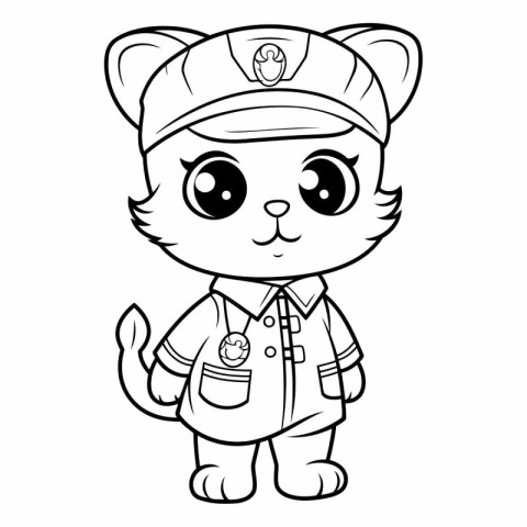 Black and White Cartoon Illustration of Cute Cat Police Officer