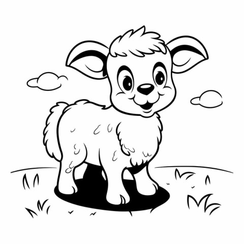 Cute cartoon sheep on the grass. Black and white vector illustra