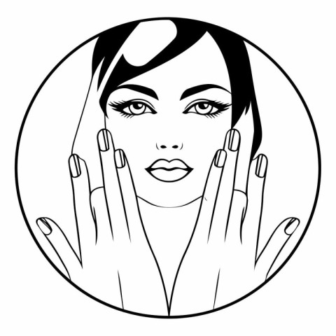 Black and white illustration of a beautiful woman with her hands