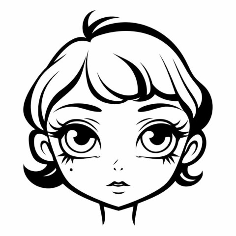 Black and White Cartoon Illustration of Cute Little Girl Face fo