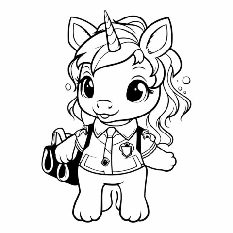 Black and White Cartoon Illustration of Cute Unicorn Animal Char