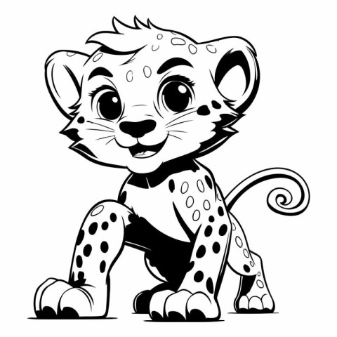 Cute Cartoon Cheetah - Black and White Vector Illustration