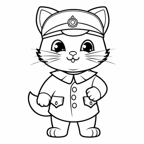 Black and White Cartoon Illustration of Cute Cat Captain Charact