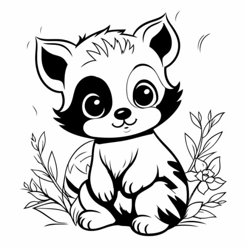 Cute baby raccoon with flowers. Black and white vector illustrat