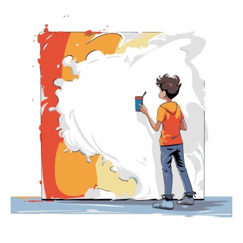 Vector illustration of a young man painting the wall with paint