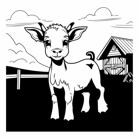 Black and white vector illustration of a goat on a farm. Farm an